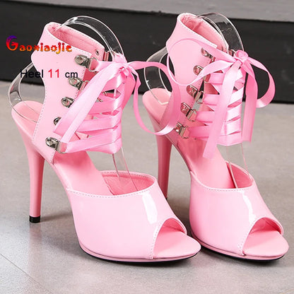 2025 New Sexy Pink High Heels 11cm Women's Shoes Fine Heels Round Head Ladies Pumps Ankle Lace-up Buckle Sandals Nightclub Shoes