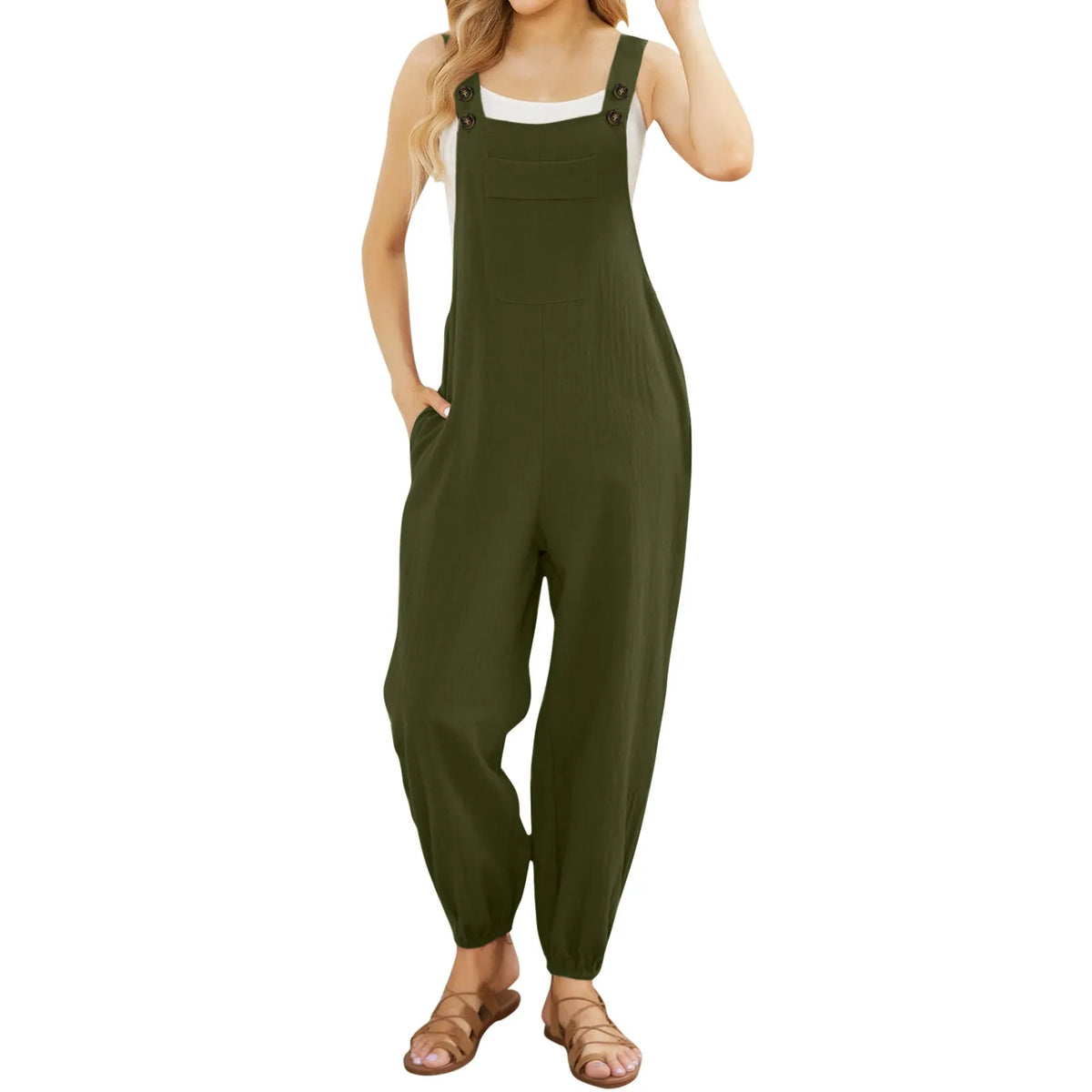 Women'S Sleeveless Overalls Jumpsuit Casual Solid Color Summer Wide Leg Bib Pants Bottons Jumpsuits Rompers With Pockets
