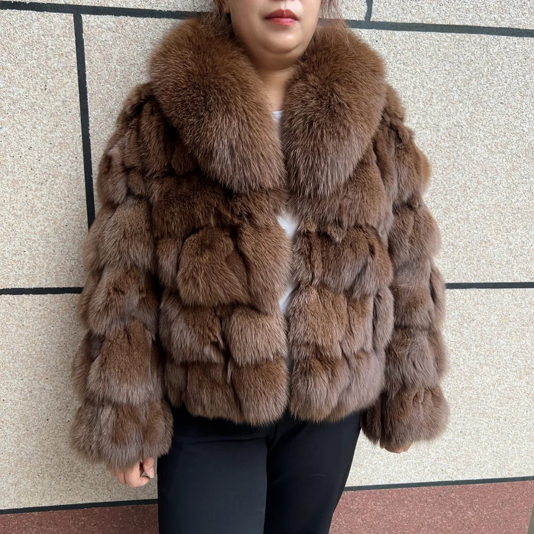 HUA QIU MEI SI Women's Natural Fox Fur Jacket with Fox Collar for Winter Warmth, Short Style Real Fox Fur Leather Jacket