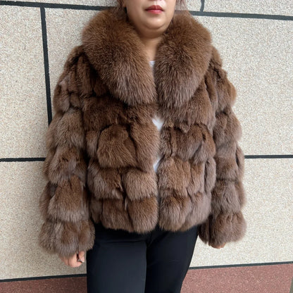 HUA QIU MEI SI Women's Natural Fox Fur Jacket with Fox Collar for Winter Warmth, Short Style Real Fox Fur Leather Jacket