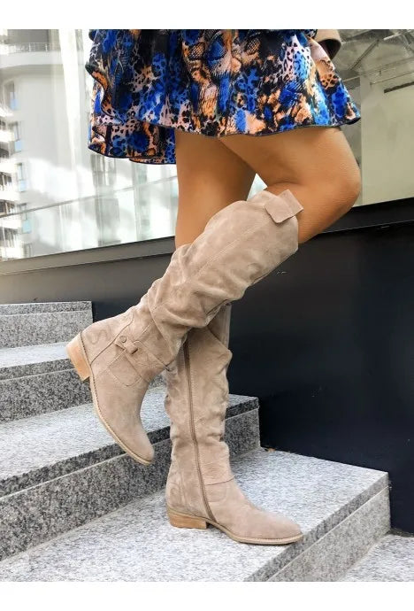 Women's Boots Suede Mid-Calf Boots Low Heel Side Zip Women Casual Shoes Autumn Winter Knee High Boot Retro Plus Size Long Boots