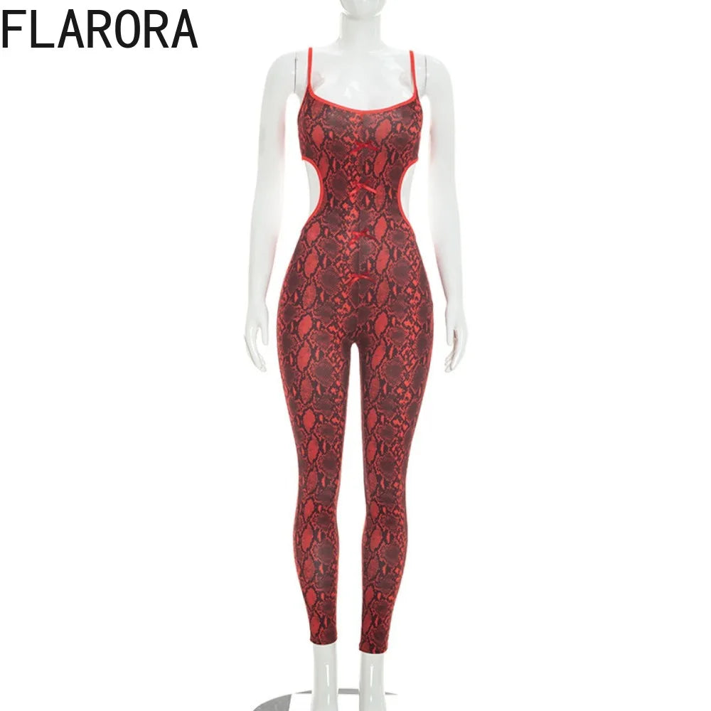FLARORA Sexy Serpentine Print Jumpsuits Woman Hipster Sling Hollow Backless Skinny Jumpsuit Hottie Party Club Street Overalls