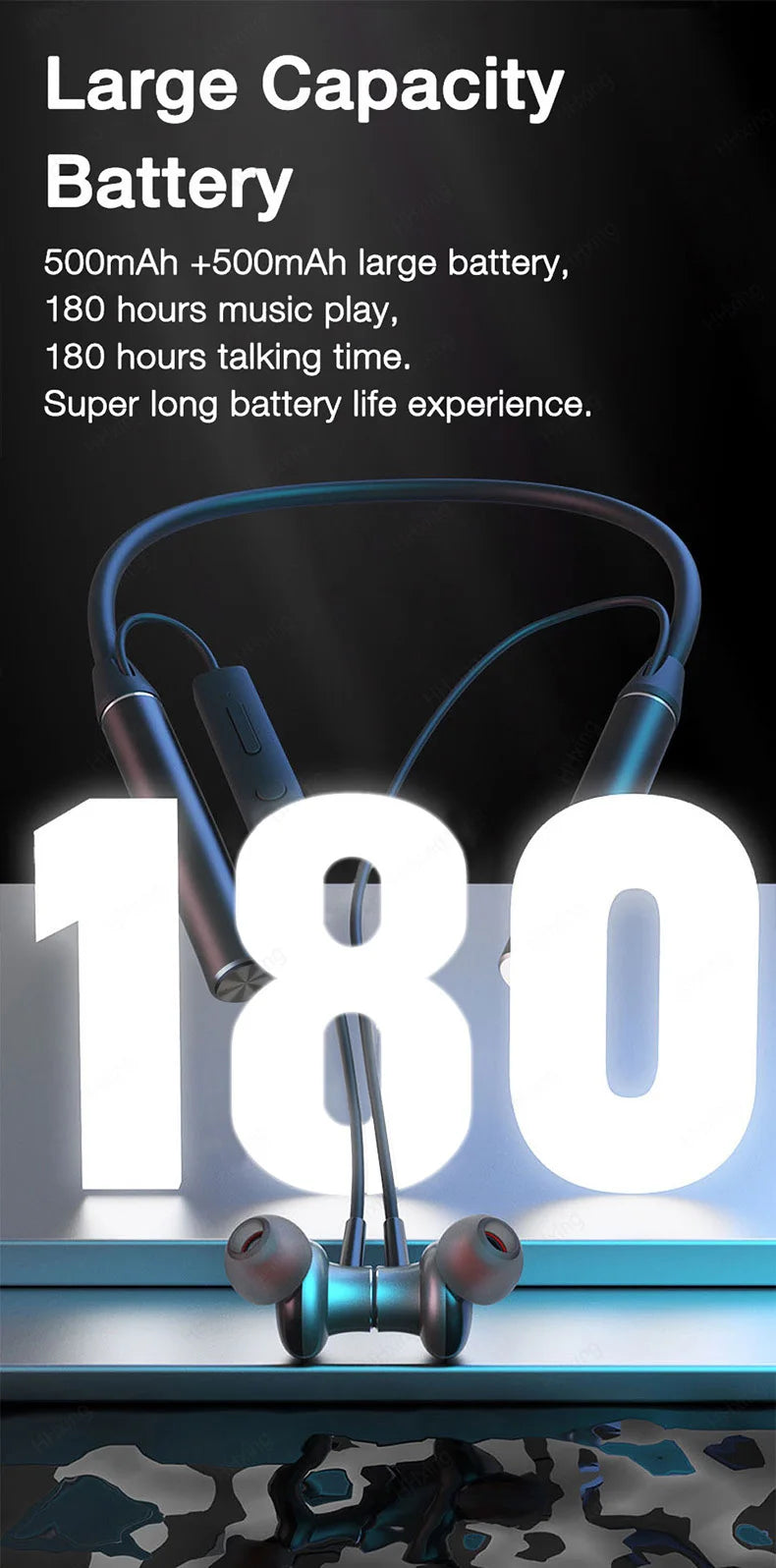 EARDECO 180 Hour Endurance Bluetooth Headphone Bass Wireless Headphones with Mic Stereo Neckband Earphones Sport Headset TF Card