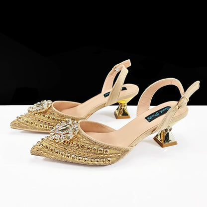 Queena Yan 2025 Italian Style Pointed Toe Rhinestone High Heels and Gold Wedge Bag Set - Elegant Ladies Party Women Shoes Heel