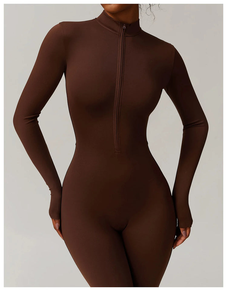 Winter Half Zip Yoga Bodysuit Women Long Sleeved Fitness Jumpsuit Sportswear Gym Clothes One-piece Running Workout Wear Rompers