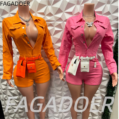 FAGADOER Trendy Denim Bodycon Rompers Women Button Stretchy One Piece Jeans Jumpsuits Fashion Female Streetwear Overalls New