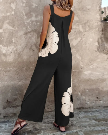 Summer Fashion Thick Strap Jumpsuits for Women Vintage Floral Printed Off Shoulder Wide Leg Loose Straight Jumpsuit with Pocket