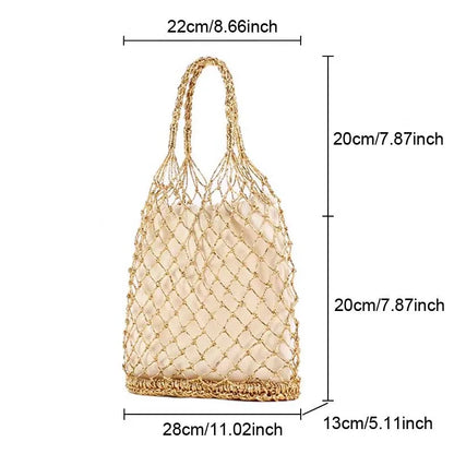 Hylhexyr Ins New Solid Color Gold and Silver Thread Handmade Weaving Bag Bucket Shaped Fashion Handbag Beach Bags