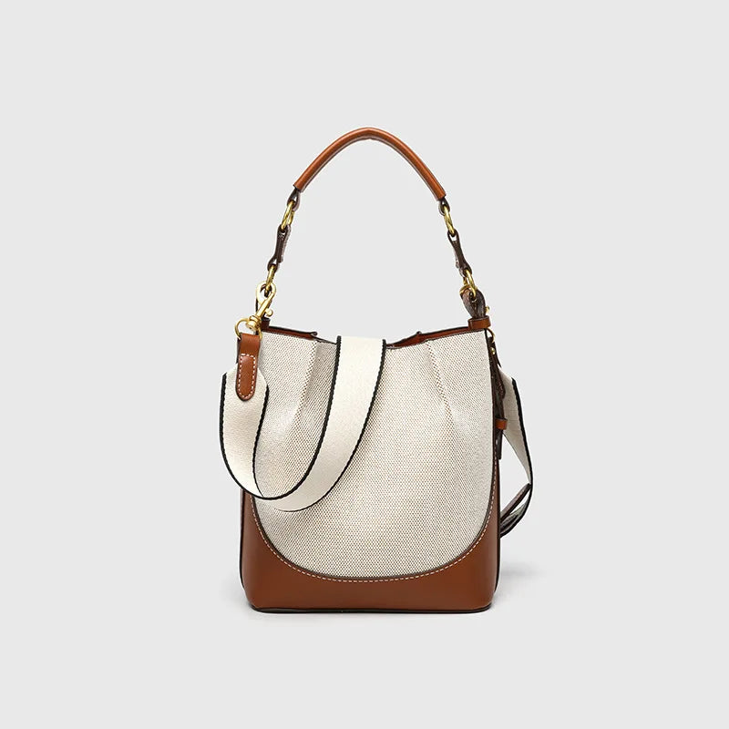Fashion Panelled Canvas Bucket Bag Designer Women Handbags Luxury Pu Leather Shoulder Crossbody Bags with Wide Strap Tote Purses