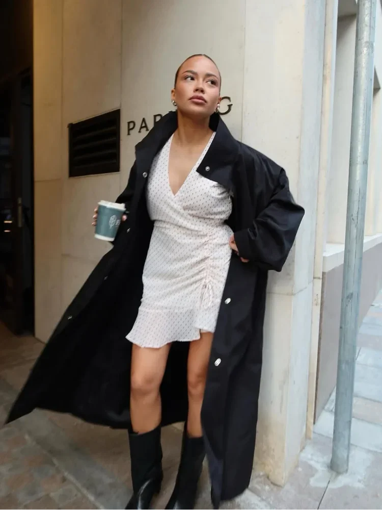 Black Stand Collar Trench Coat Women Casual Long Sleeve Single-breasted Loose Windbreaker 2026 Lady Autumn High Street Outwear
