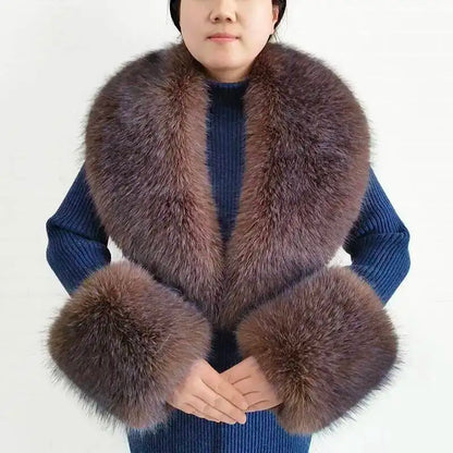 Large Women Faux Fox Fur Scarf Winter Jackets Warm Fluffy Shawl Fashion Artificial Fur Collar And Cuff Set Fluffy Scarves Female