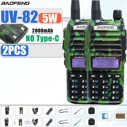 1/2Pcs Baofeng UV-82 Walkie Talkie 5/8W Tri-Power FM Radio Type-C Charger Dual PTT Dual Band VHF/UHF Two Way Camouflage For Hunt