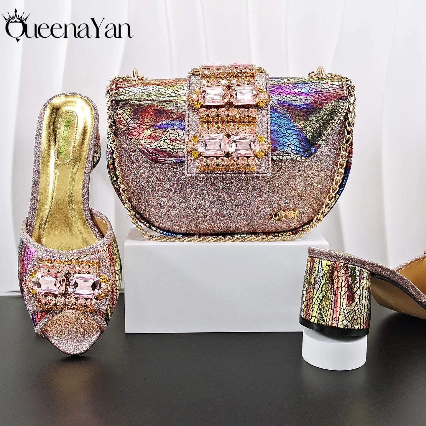 Hot Selling Fashion Mature  Brushed Style Rainbow Color Rhinestone Decoration Design Party Wedding Lady High Heels and Bag Set