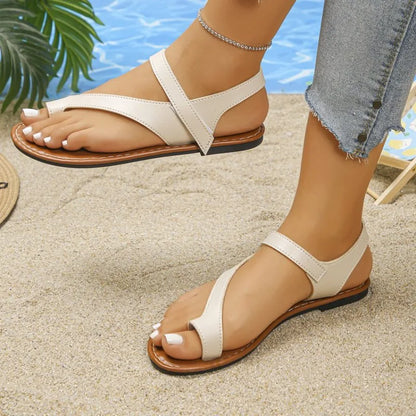 New Women's Summer Fashion Solid Color Low-heeled Roman Sandals Comfortable PU Beach Shoes Women's Luxury Round Toe Flip-flops
