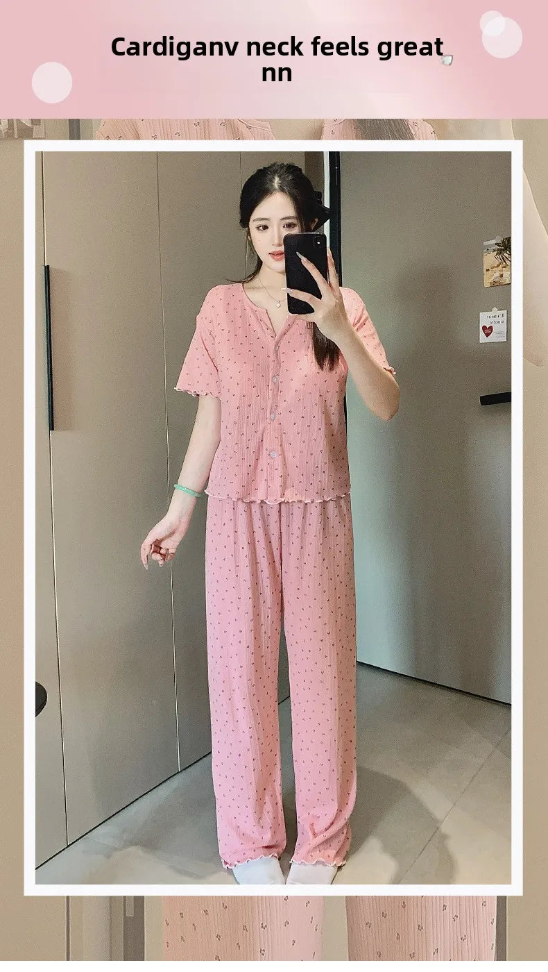 Cotton Fabric Floral Cardigan Printed Pajamas for Women Short-Sleeved Top and Long Pants Sleepwear Homewear Set Ladies Nightwear
