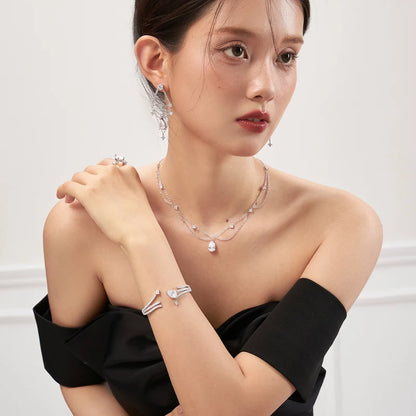 Luxury Sterling Silver Double-Deck Water Droplet Shape Women Choker AAA Zircon Chain Necklace Fine Jewelry Wedding Party Gift