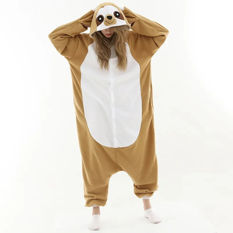 Adult Animal Brown Sloth Kigurumi Onesies Pajamas Cartoon Soft Fleece Gift Halloween Cosplay Costumes Button Jumpsuits