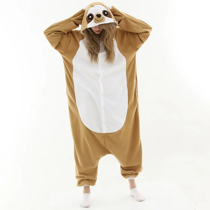 Adult Animal Brown Sloth Kigurumi Onesies Pajamas Cartoon Soft Fleece Gift Halloween Cosplay Costumes Button Jumpsuits