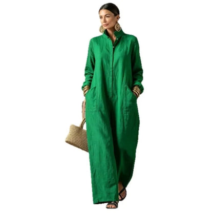 Women's Spring Autumn Long Sleeved Jumpsuit With Pockets Simple Solid Button Half Open Design Loose Jumpsuits Ladies Casual Wear