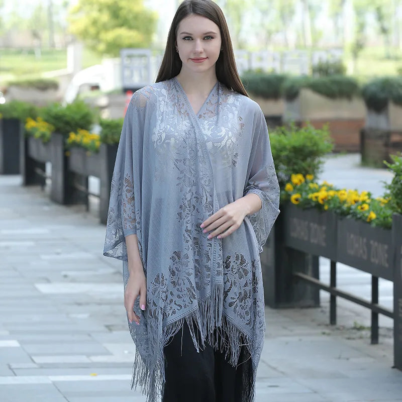 New Leakage Cardigan Shawl Lace Tassel Women's Fashion Versatile High-End Solid Color Hollow Tourism Vacation Beach Cape Sunscre