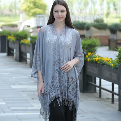 New Leakage Cardigan Shawl Lace Tassel Women's Fashion Versatile High-End Solid Color Hollow Tourism Vacation Beach Cape Sunscre