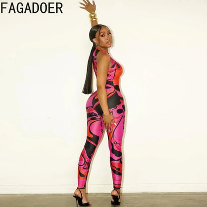 FAGADOER Fashion Rose Red Print Bodycon Jumpsuits Sexy Color Patchwork Off Shoulder Zipper Rompers Streetwear Club Playsuits New