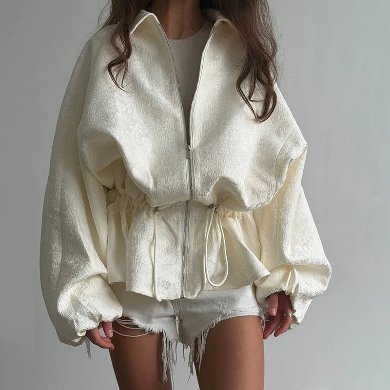 Luxury Apricot Texture Jacket Turn-down Collar Zipper Drawstring Waist Slim Lantern Sleeves Outerwear 2026 Fall Chic Lady Coat