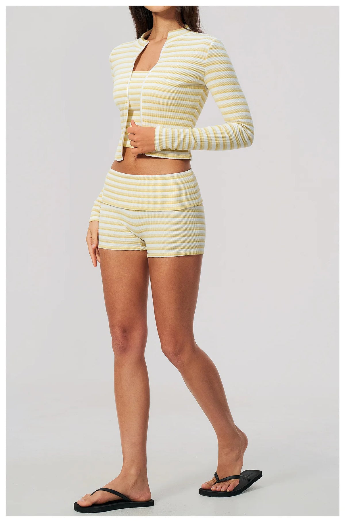 Women 2/3pcs Yoga Set Gym Clothing Fitness Suit Workout Tracksuit Outfits Ribbed Striped Strapless Tube Top Zipper Long Sleeve