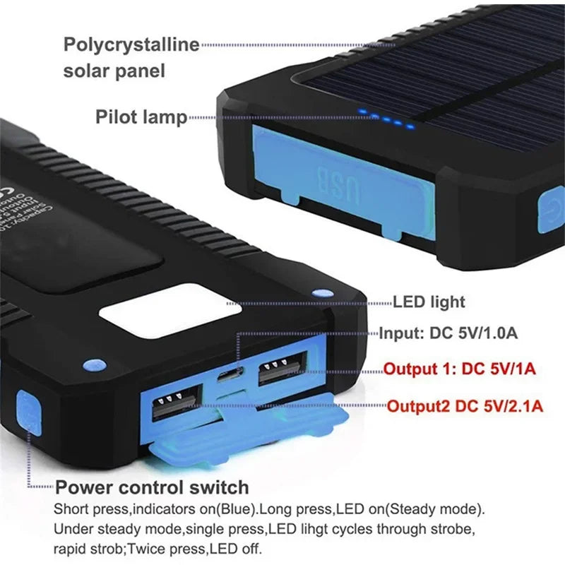 Solar Power Bank 100000mAh Waterproof Portable Solar Panel Charger Powerbank for iPhone16 Samsung Huawei Xiaomi External Battery