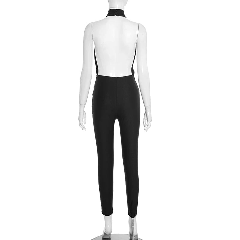Halter Backless Jumpsuit Woman Sexy Hollow Fit Patchwork Waist Ruched Midnight Activity Workout Streetwear Overalls