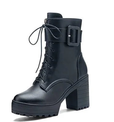 SIMLOVEYO Mortorcycle Ankle Boots Buckles Round Toe 9cm Block Heel Lace Up White Black Big Size 42 43 US12 Fashion
