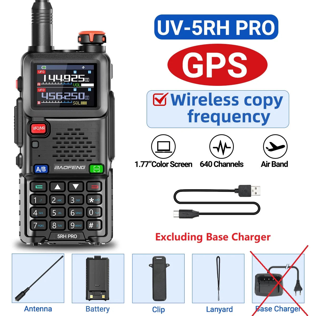 Baofeng UV-5RH PRO GPS Walkie Talkie Multi Band Wireless Copy Frequency Type-C Charger Upgrade UV-5R UV 17 Pro Gps Ham Radio
