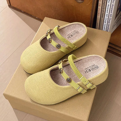 Women's Woven Mary Jane Mules Flat Round Toe Slip-On Shoes with Buckle Straps and Rose Hardware Casual Balletcore Summer Sandals