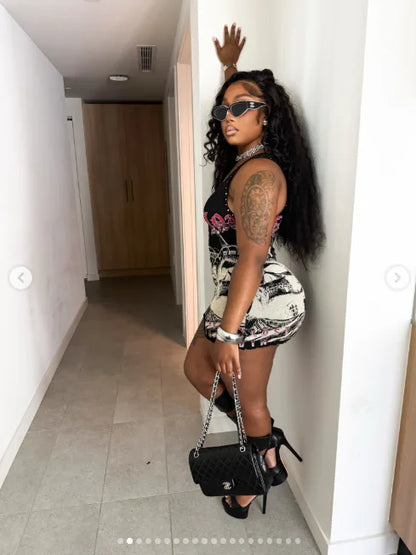 STYLISH LADY Letter Graphic Rhinestone Mini Dress Women Sleeveless Bodycon Tank Dress Gothic Streetwear Night Club Party Dresses