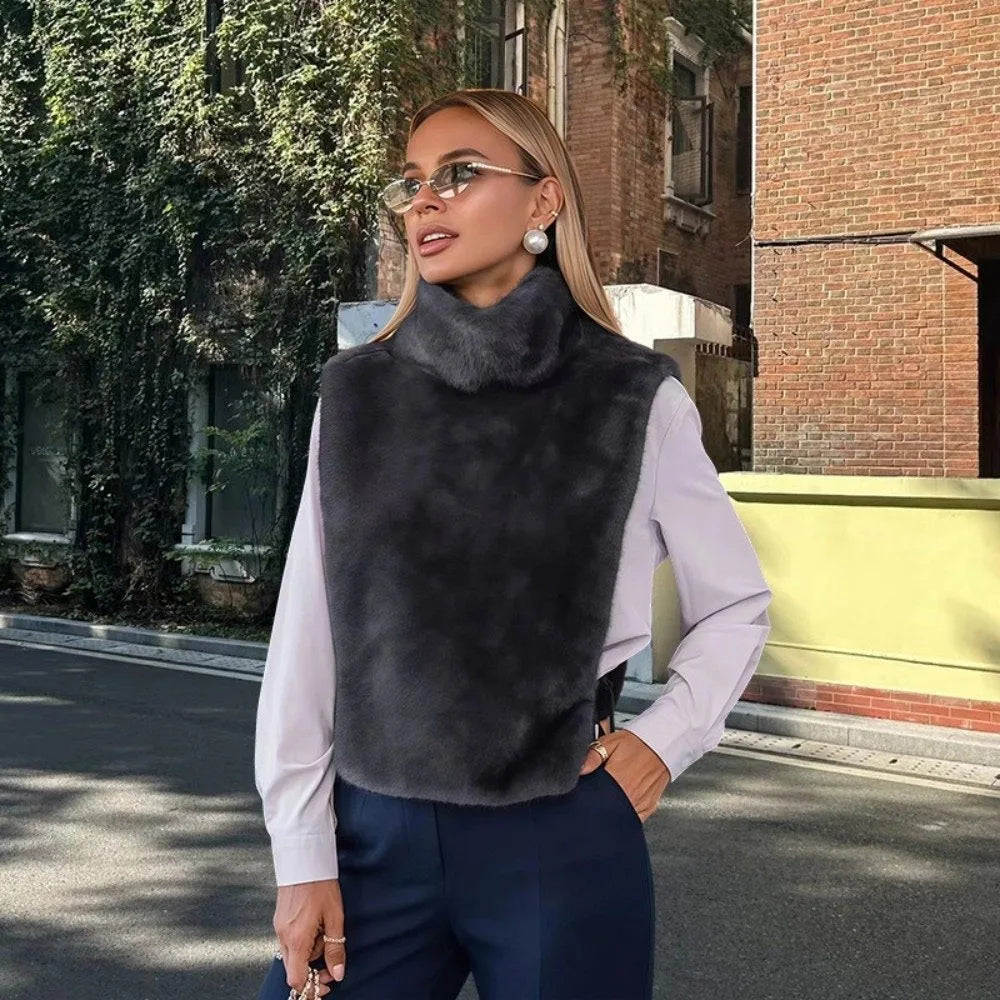 Trendy Outerwear Eco Mink Fur Turtleneck Tank Tops Fluffy High Collar Crop Top Thicken Layering Piece Sable Vest Women's Apparel