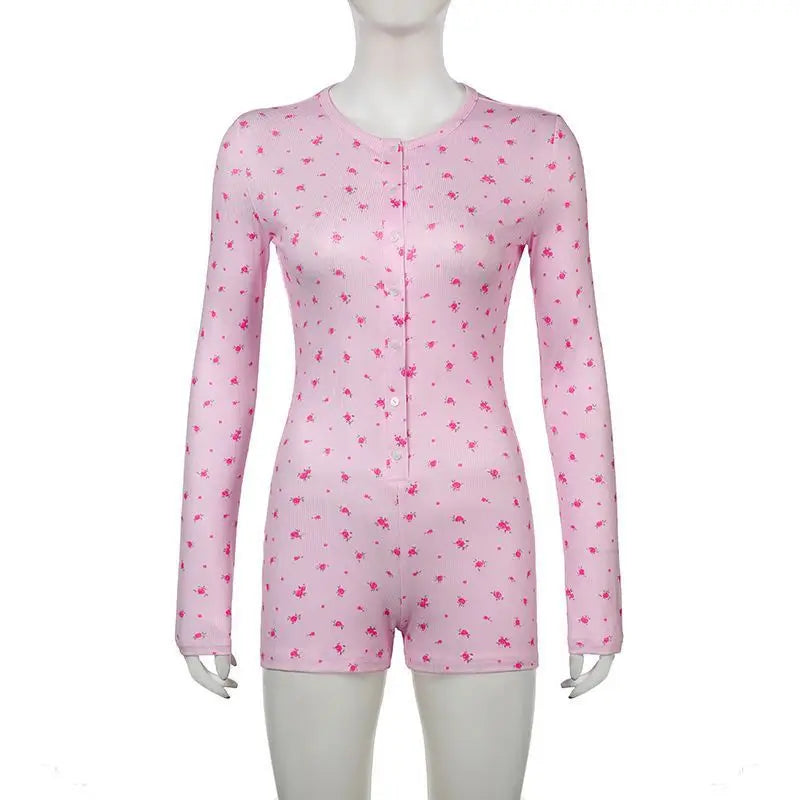 Pajamas Onesies Women's Sexy Bodysuit Casual Flower Print V-neck Front Button Long Sleeve Slim Fit Jumpsuit Sleepwear