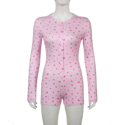 Pajamas Onesies Women's Sexy Bodysuit Casual Flower Print V-neck Front Button Long Sleeve Slim Fit Jumpsuit Sleepwear