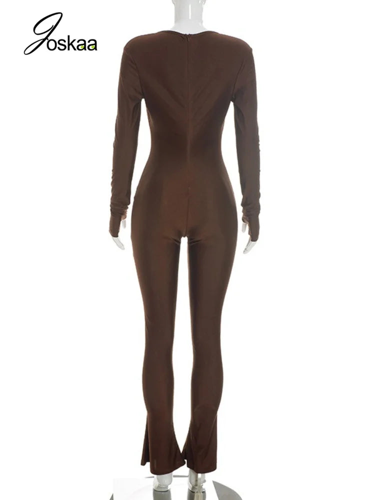 Joskaa Women Cutout Long Sleeve Jumpsuit with Tube Tops Sexy O-neck Back Zipper Thumb Hole Design Bodycon Rompers Party Clubwear