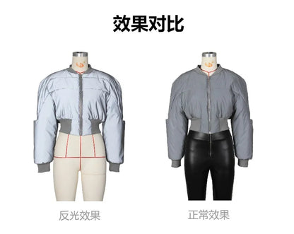 Autumn Winter Cotton Jacket Women's Fashion Round Neck Long-sleeved Zipper Drawstring Waist Warm Casual Reflective Cotton Jacket
