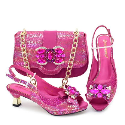 Nigerian Heel Party for Women Gold Color Shoes and Bag Set Rhinestone Handbag Italian Design Wedding Pumps Women Shoes Luxury