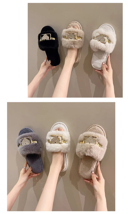 Love Chain Fluffy Women's Slippers Home Fashion Luxury Designer Shoes Woman Autumn Winter Faux Fuzzy Fur Slides Indoor Elegant