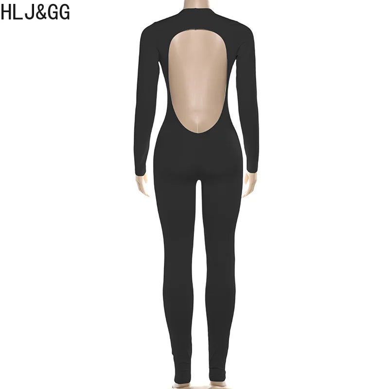 HLJ&GG Sexy Deep V Bodycon Backless One Piece Jumpsuits Women Long Sleeve Slim Playsuits Fashion Female Solid Party Club Overall