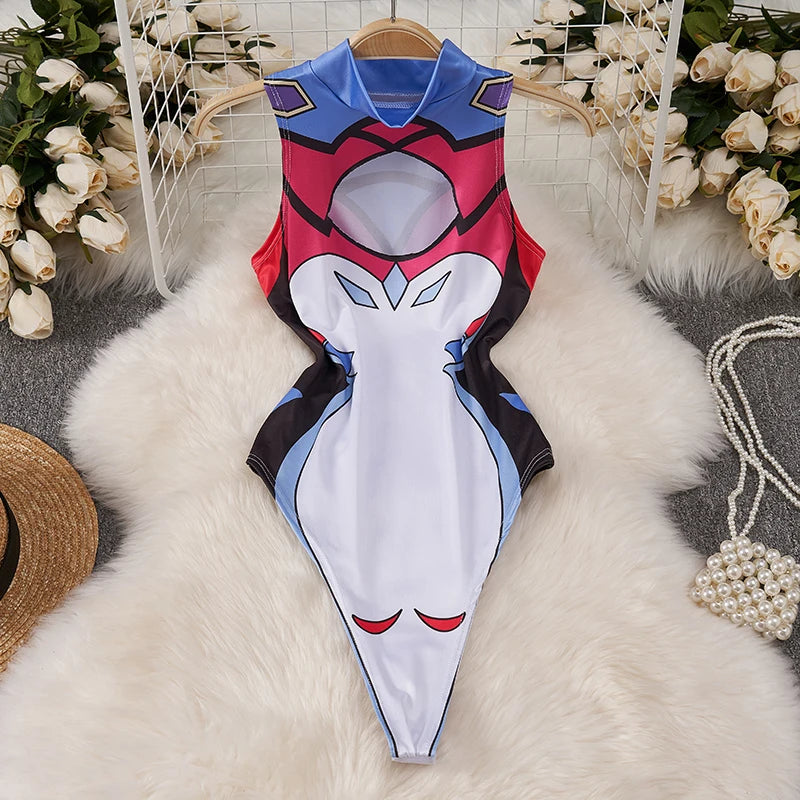 Cartoon Print High Neck Jumpsuit Hollow Sleeveless Slim Bodysuit Hero Cosplay Uniform Cute Sweet Women's Pajamas Rompers Catsuit