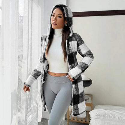 Womens Coats Winter Manteau Winter Warm Plush Pocket Coat Womens Plaid Print Hooded Long Zip Cardigan Sobretudo Feminino Inverno