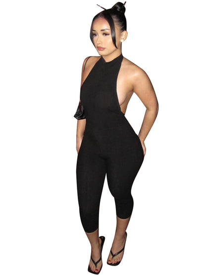 Hugcitar Ribbed Halter Backless Solid Button Sexy Bodycon Skinny Jumpsuit Summer Women Fashion Vacation Romper Streetwear Club