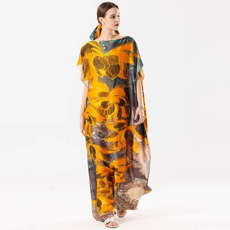 1 piece, colorful floral satin long dress, women's loose long dress, with the same color headscarf, fashionable beach robe