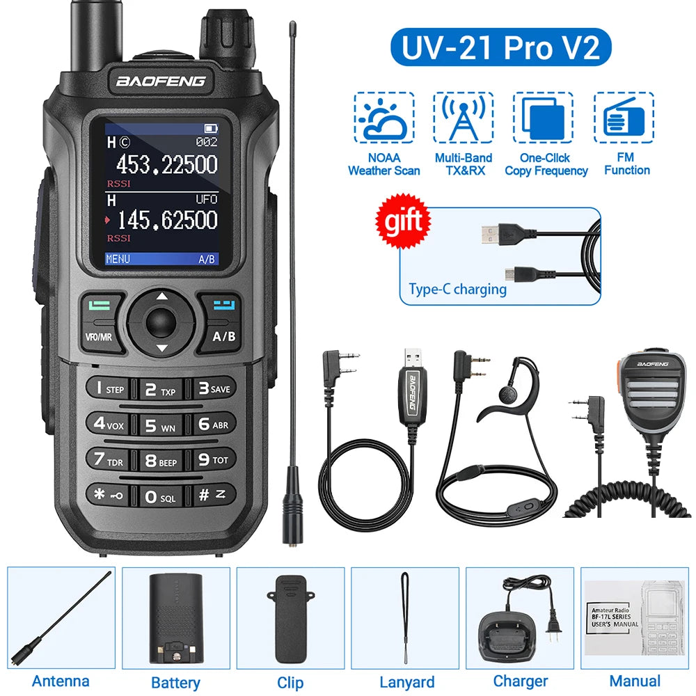 Baofeng UV-21 Pro Walkie Talkie V2 Multi-band Wireless Copy Frequency Waterproof Long Range Type-C Two Way Radio For Camping