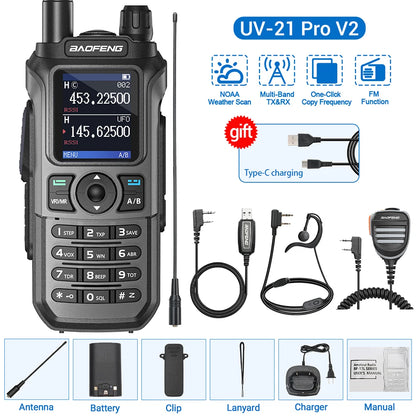 Baofeng UV-21 Pro Walkie Talkie V2 Multi-band Wireless Copy Frequency Waterproof Long Range Type-C Two Way Radio For Camping