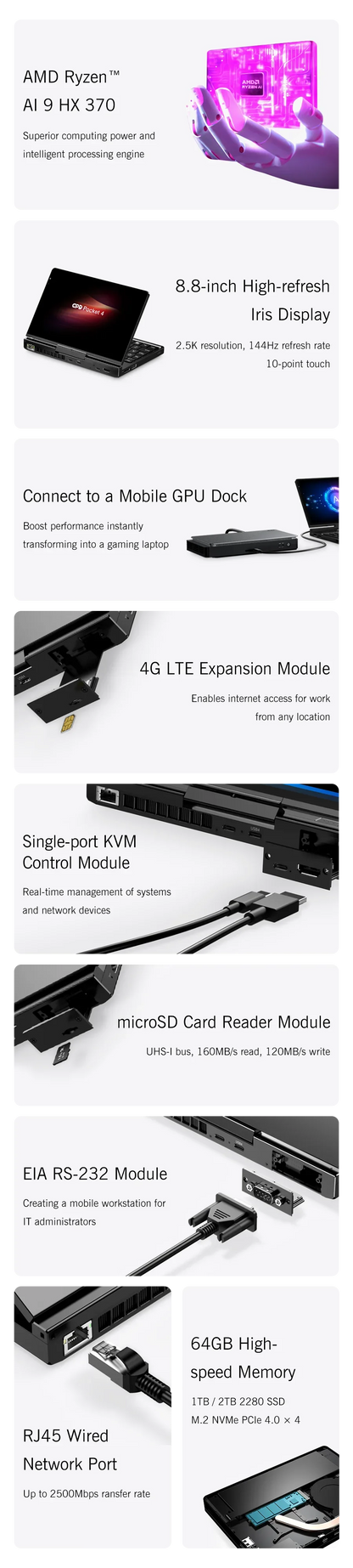 2026 New GPD Pocket4 2 in 1 Mini PC 8.8 Inch 144Hz AMD AI 9 HX370 64GB 2TB NVMe Portable Laptop Tablet