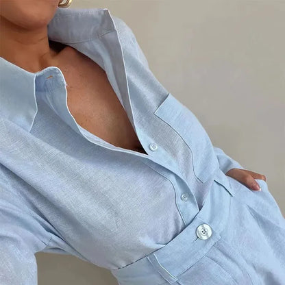 Women's Long Sleeve 2-Piece Set Casual Button Detail Shorts Outfit with Shirt Top Summer Fashion Female Suit